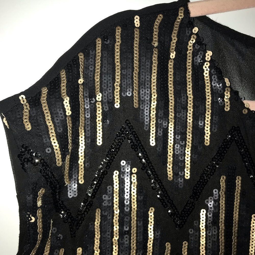 Miss Me Black Gold Sequin Sheer Back Top Small S - Picture 3 of 11